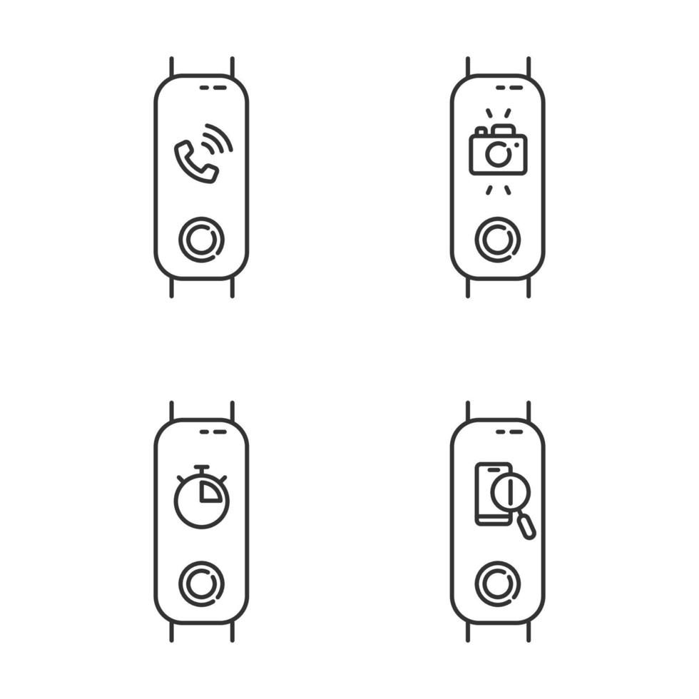 Fitness tracker and smartphone synchronization linear icons set. Incoming call and lost phone option. Distance camera access. Thin line symbols. Isolated vector outline illustrations. Editable stroke
