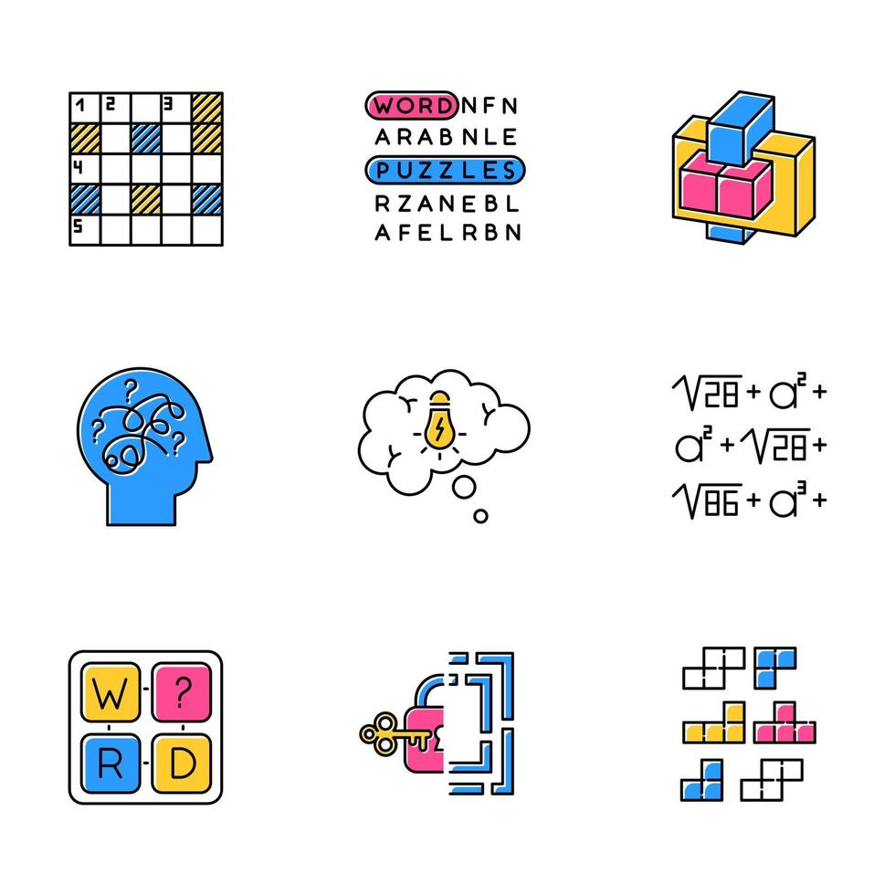 Puzzles and riddles color icons set. Construction, word puzzle. Crossword. Math problem. Puzzled mind. Logic games. Mental exercise. Brain teaser. Solution finding. Isolated vector illustrations