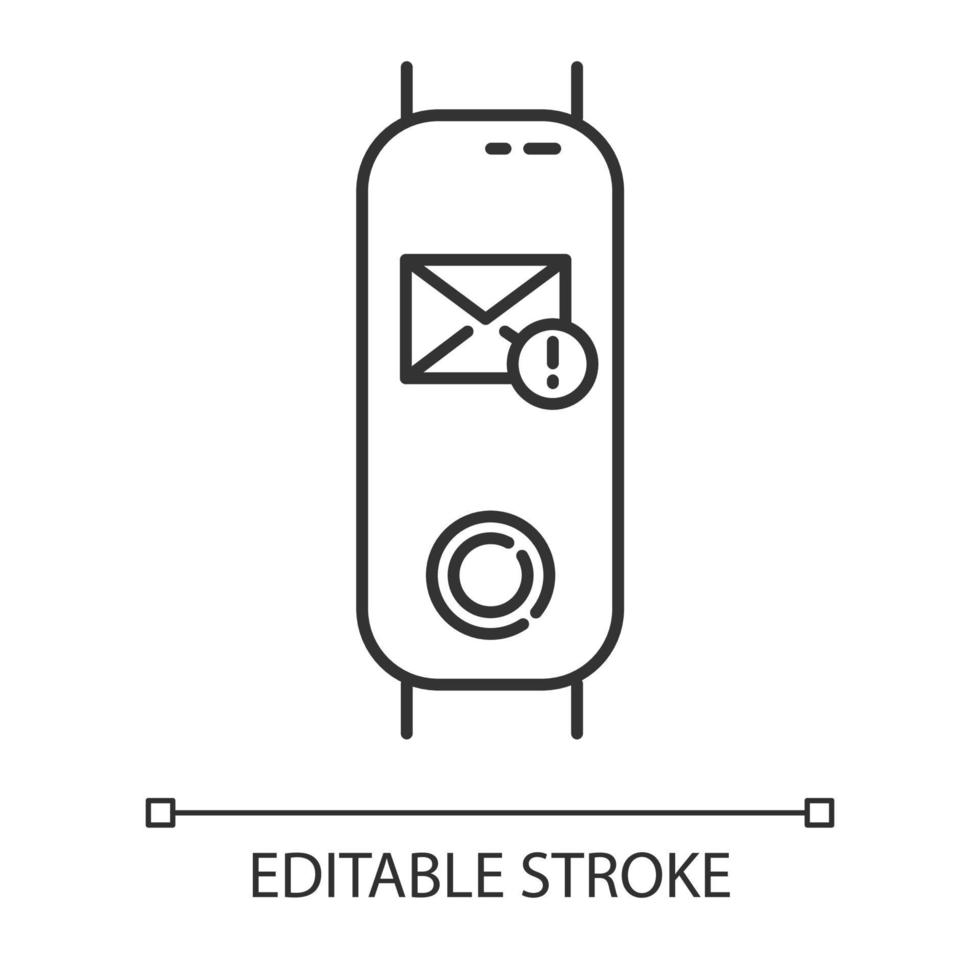 Fitness tracker with incoming mail notification on display linear icon. Device with correspondence reminder. Thin line illustration. Contour symbol. Vector isolated outline drawing. Editable stroke