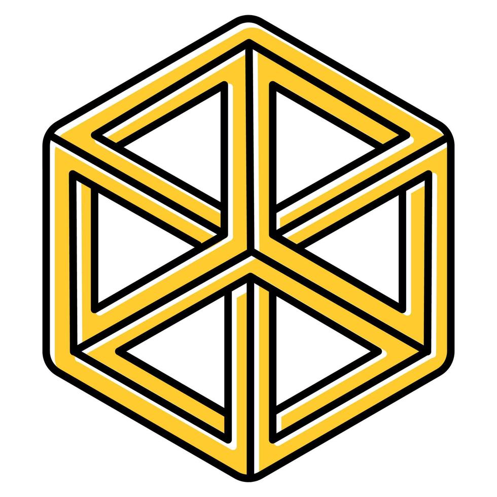 Optical illusion puzzle yellow color icon. Paradox. Mental exercise. Challenge. Ingenuity, intelligence test. Visual brain teaser. Problem solving. Solution finding. Isolated vector illustration