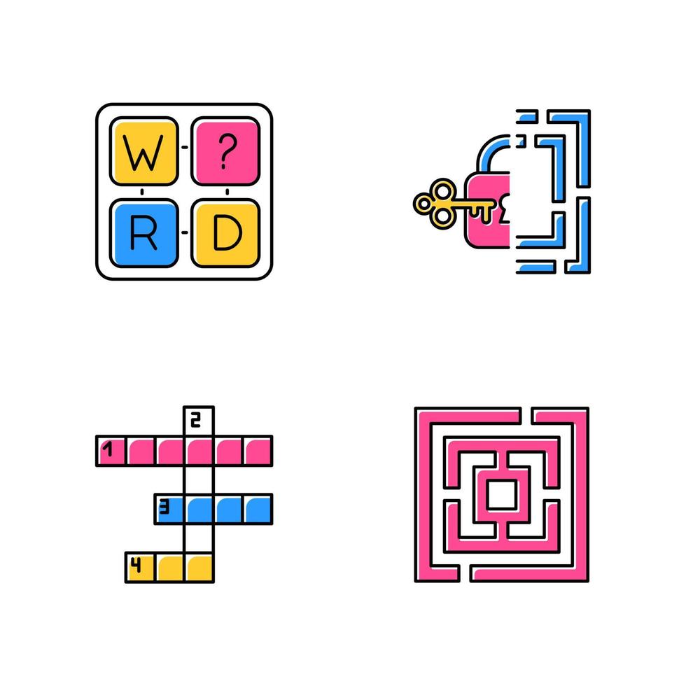 Puzzles and riddles color icons set. Missing letter game. Maze