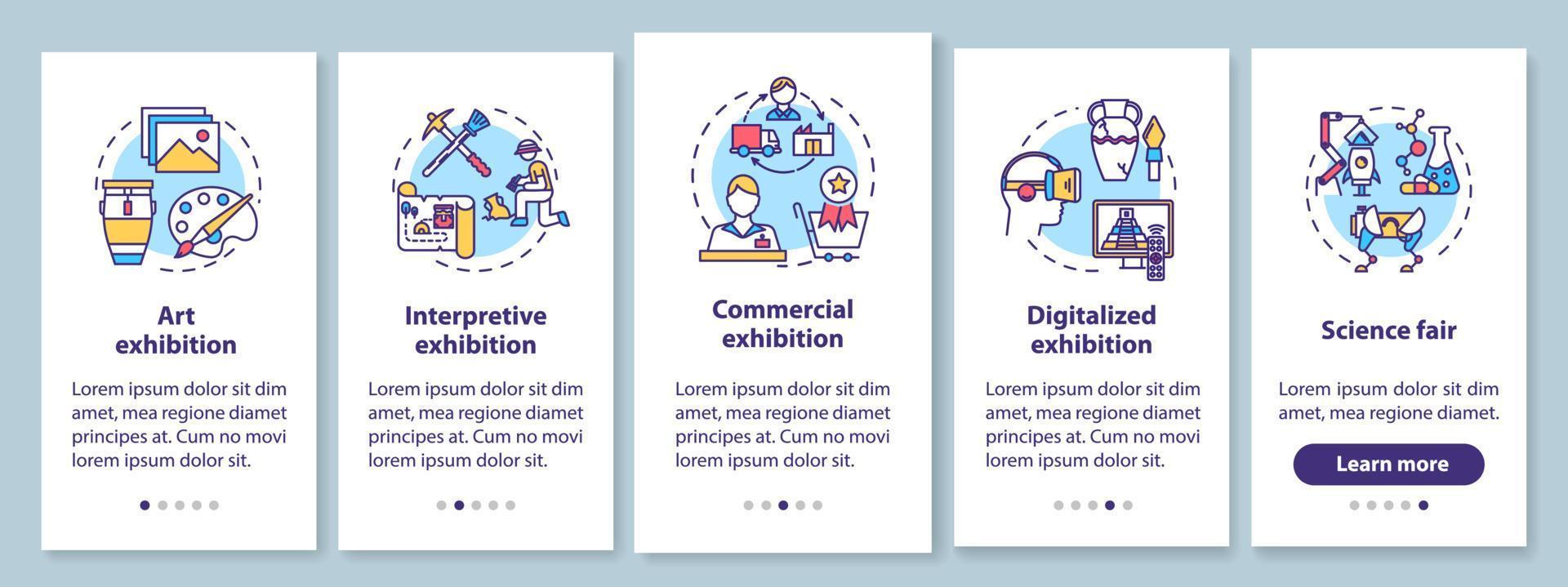 Pantalla de la página de la aplicación móvil de incorporación de exposiciones y museos con conceptos lineales. exposición. Feria de Ciencias. instrucciones gráficas de cinco pasos de tutorial. ux, ui, plantilla de vector de interfaz gráfica de usuario con ilustraciones