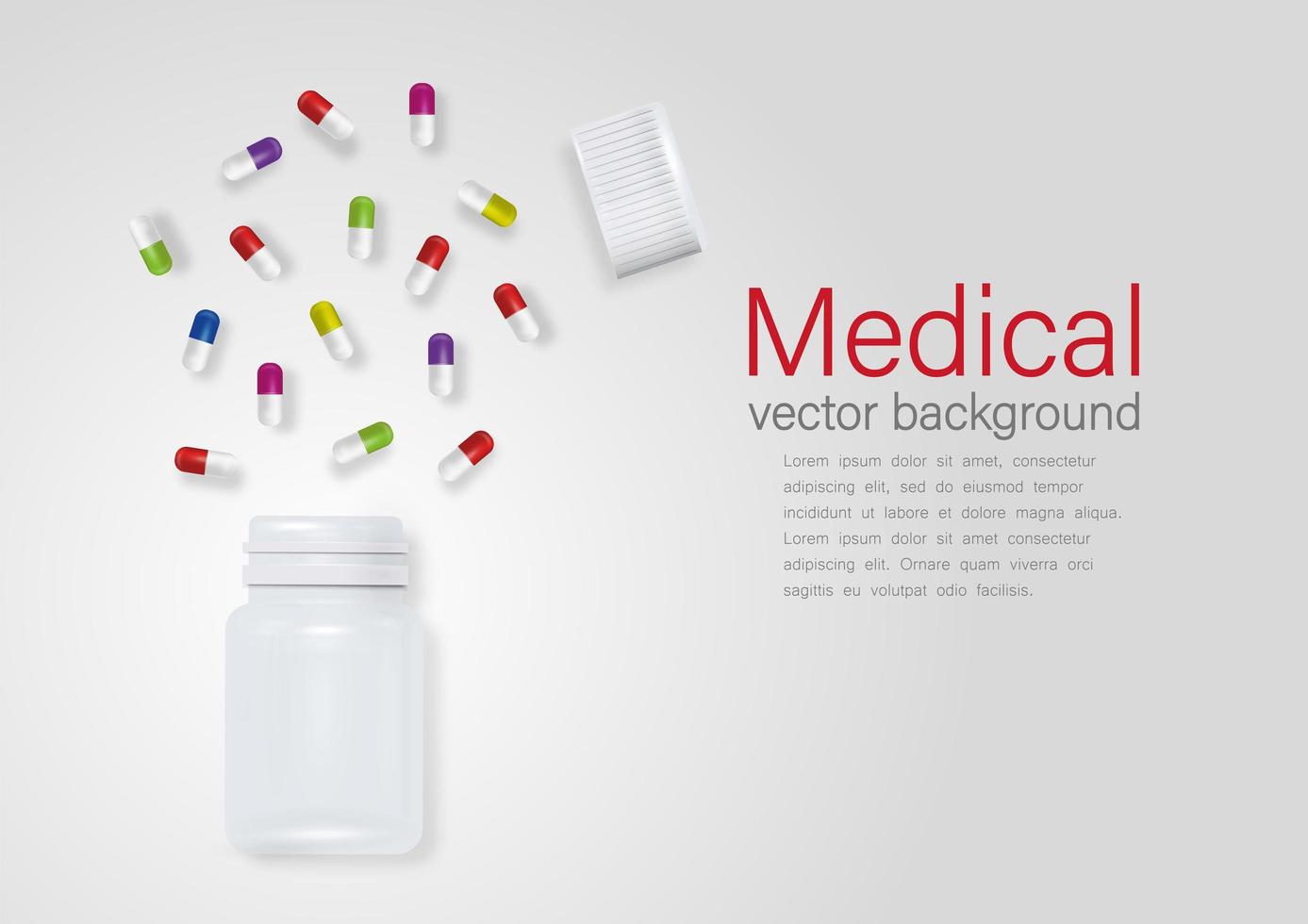 Vector banner with 3d realistic plastic bottle and pills design template, clipart, mockup. Medical background.