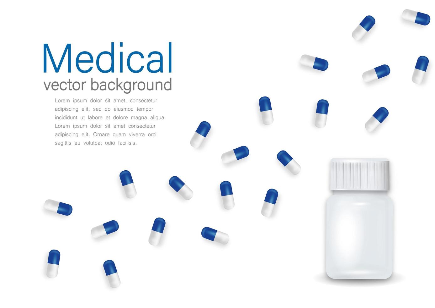 Vector banner with 3d realistic plastic bottle and pills design template, clipart, mockup. Medical background isolated on white background.