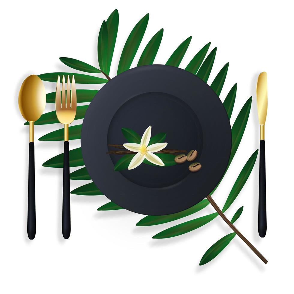 Vector 3d realistic, empty black plate, cutlery stylish golden cutlery. Tropical style decoration with vanilla flower and palm branch. Template, layout. Top view on a transparent background.