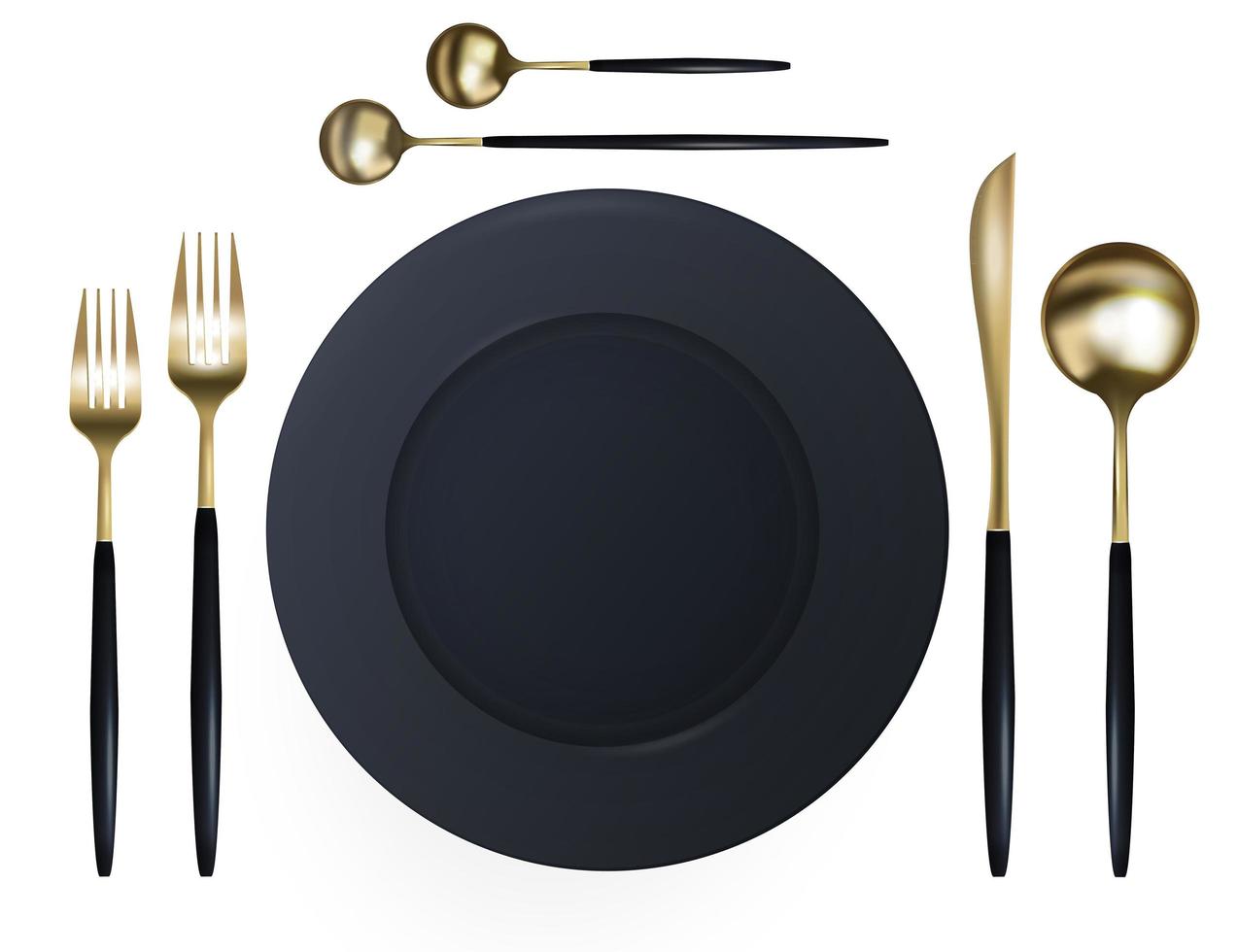 Black plate with a set of forks, knives, spoons with a golden tint. Isolated over white background. Food design decoration. Realistic. vector