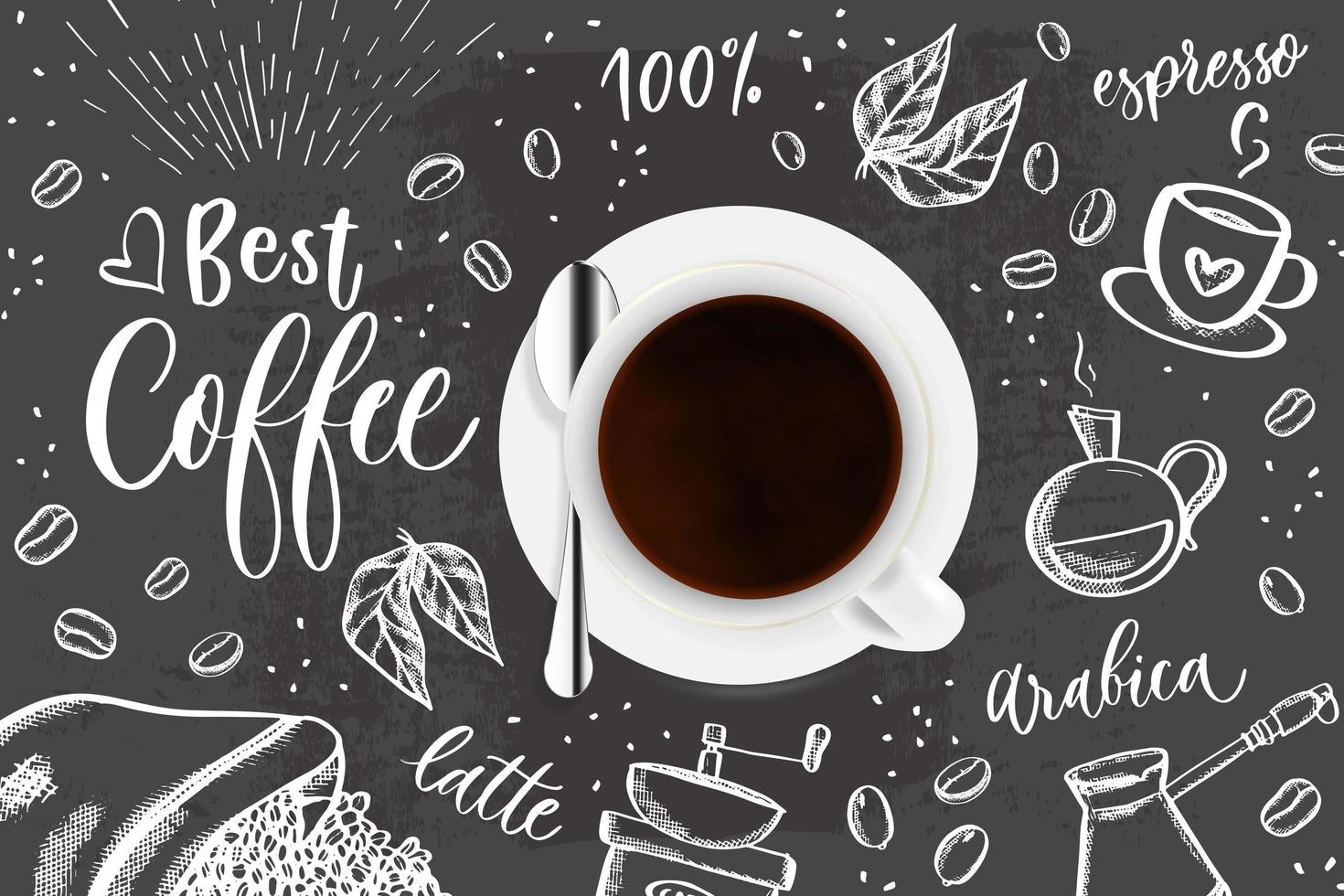 doodle de café - ilustración de boceto sobre la hora del café. Fondo de vector con ilustración de dibujo de doodle de granos de café, detalles de bebidas para el menú de café.
