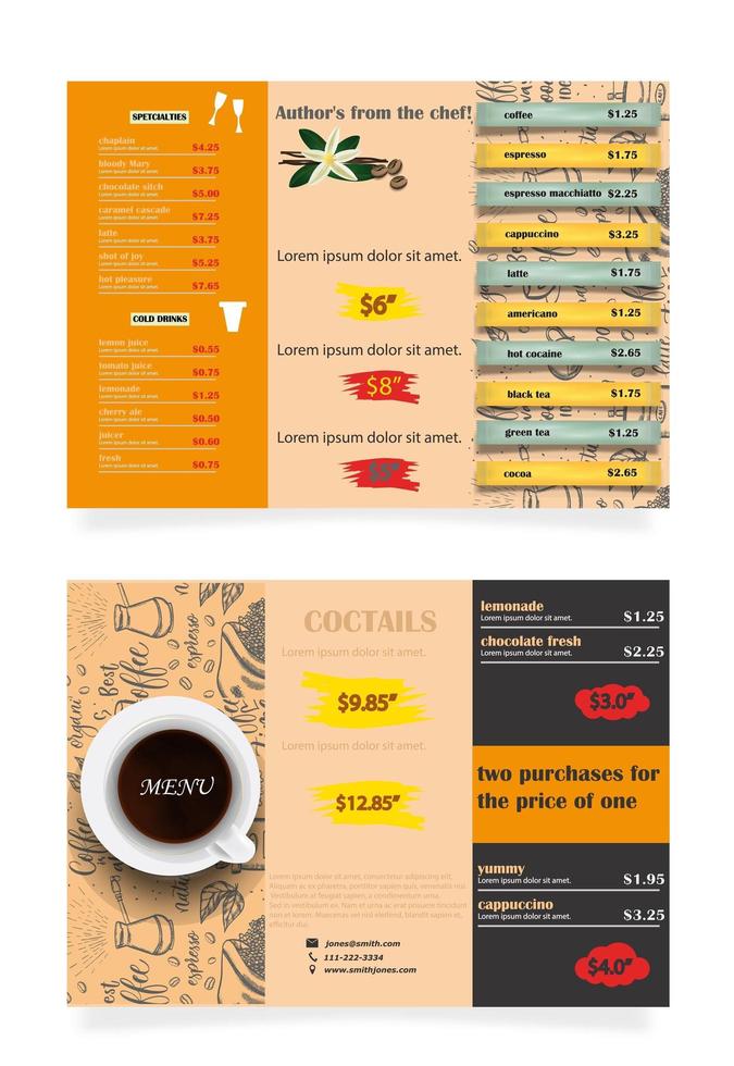 Vector restaurant brochure, menu design from two booklets. Vector cafe template with hand drawn graphics. Food flyer with lucky card.