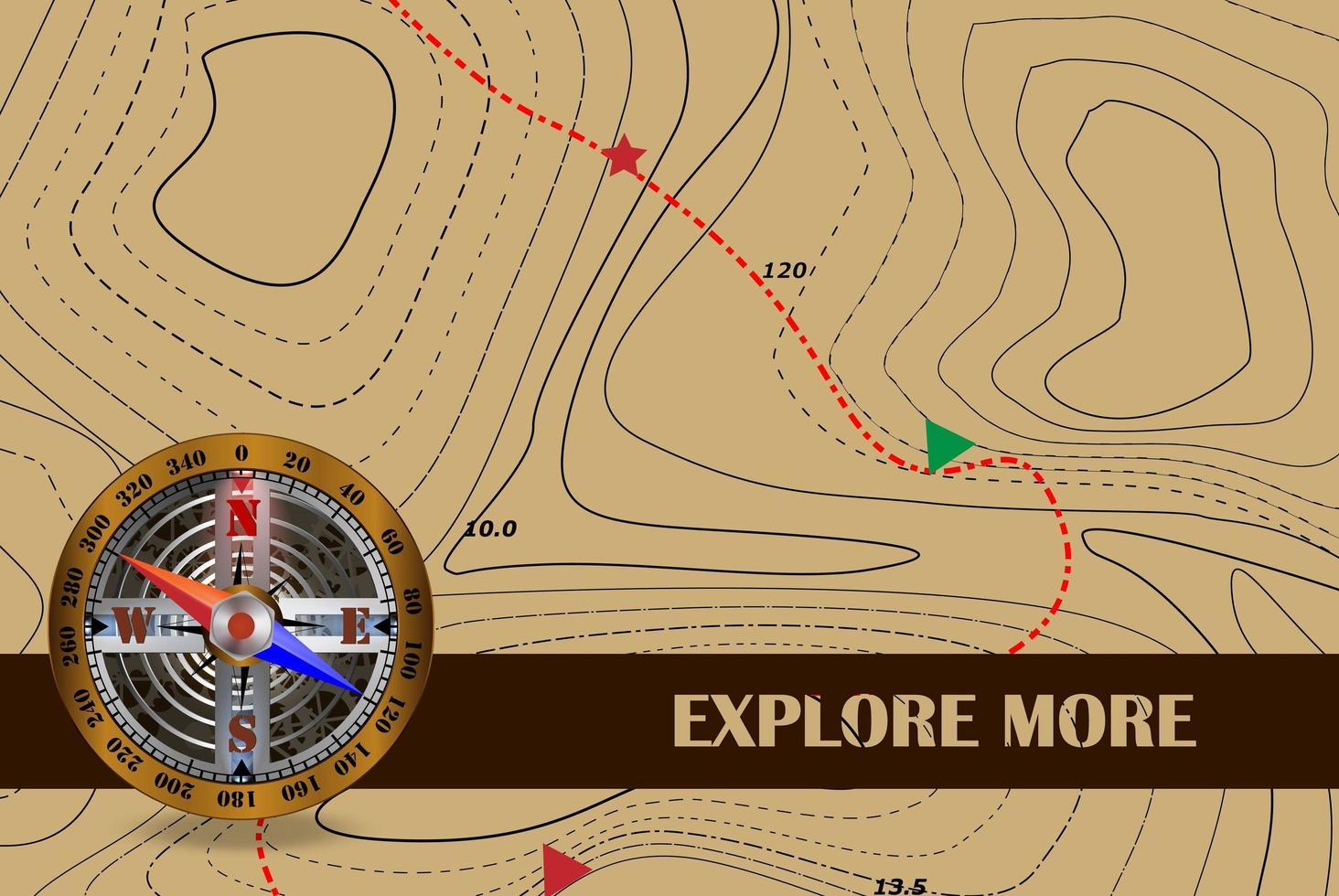 Travel. Explore more and azimuth compass and map. The background of the route on the contour map. Tourism and travel symbol. vector