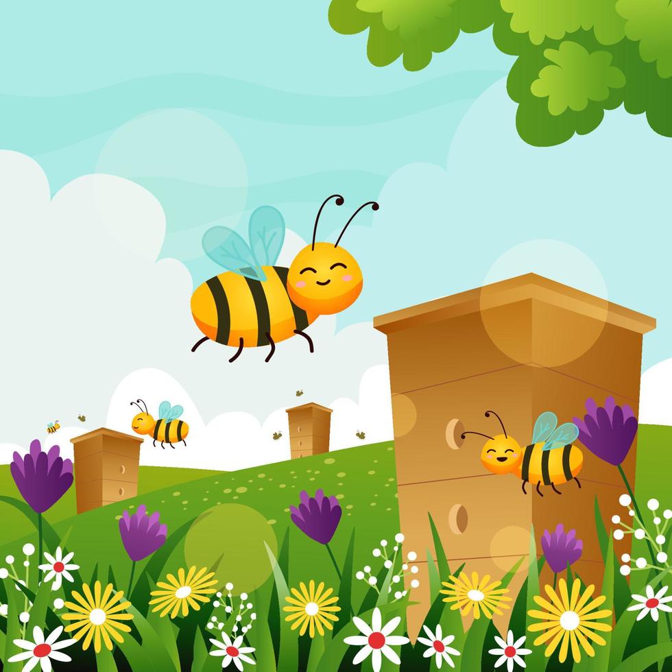 abejas felices cultivando en primavera vector