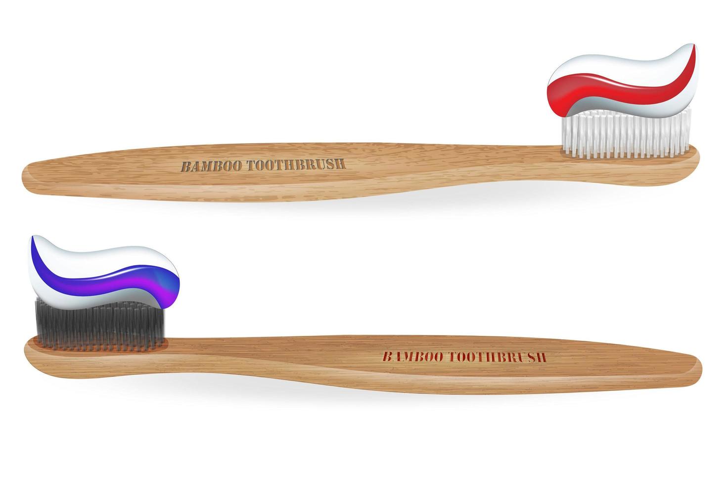 Bamboo toothbrushes.Zero waste, Carbon brush set, black bristles. Charcoal. Biodegradable material. Eco-friendly products. Isolated on white background. Vector illustration.