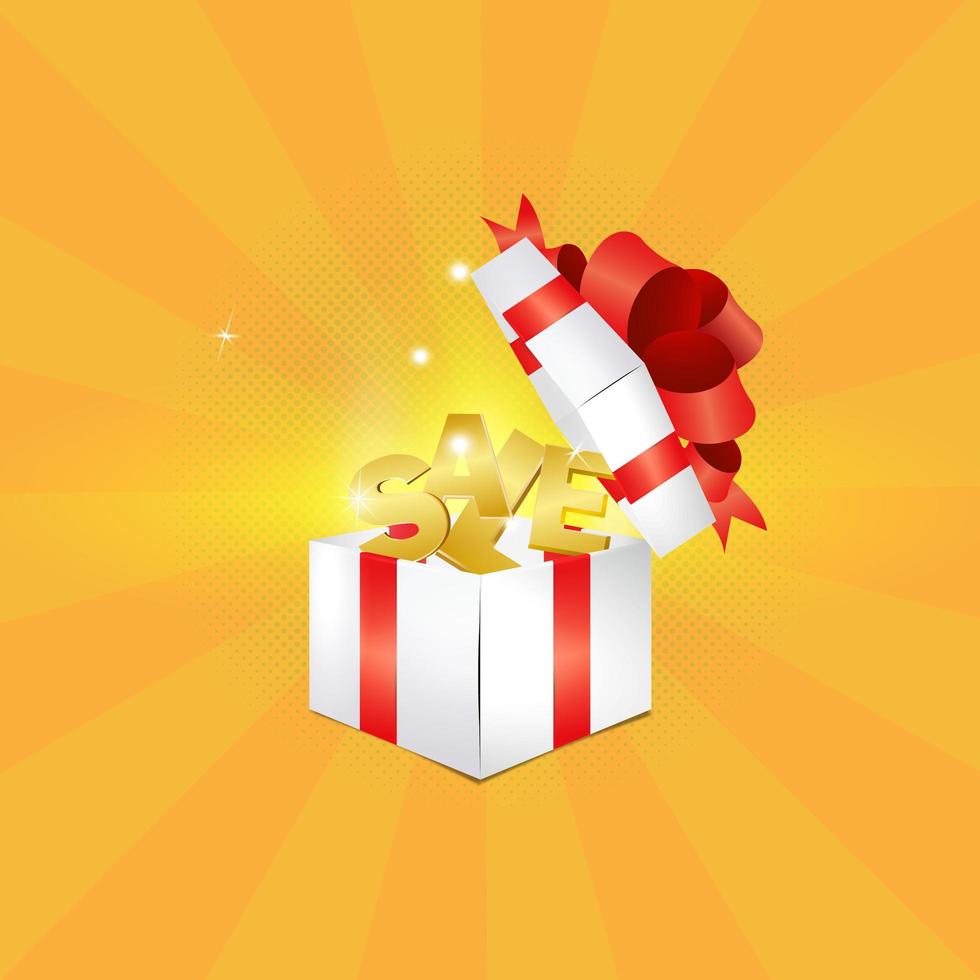 Ilustración vectorial de una caja de regalo abierta con la venta de inscripción. presentación de productos, descuentos, obsequios, rebajas, productos para bebés vector