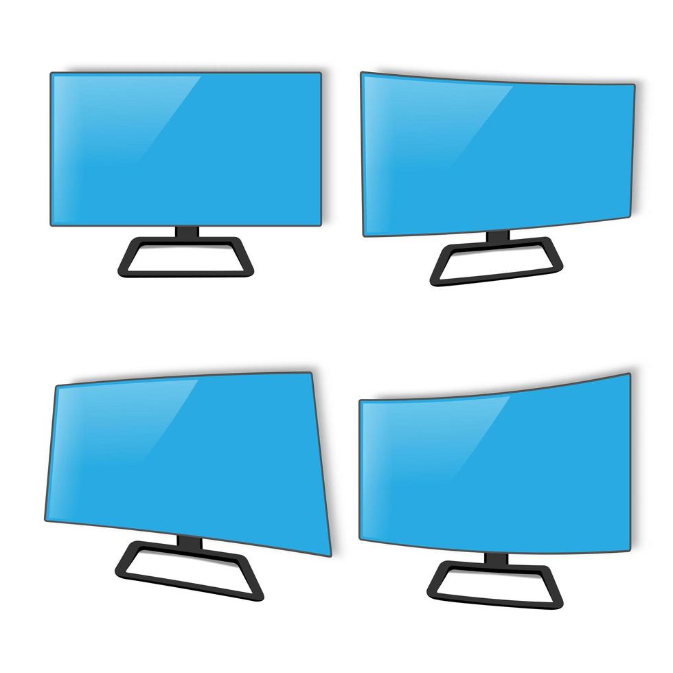 A set of monitors. Curved TV panel screens in blue. Vector 3D realistic design