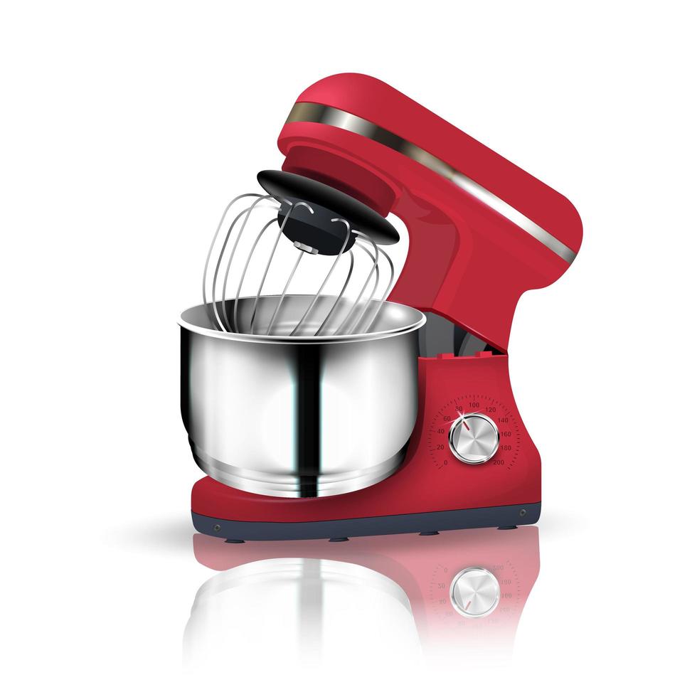 3D realistic planetary red mixer with reflection. Kitchen appliance for whipping, dough, cocktails, cream vector