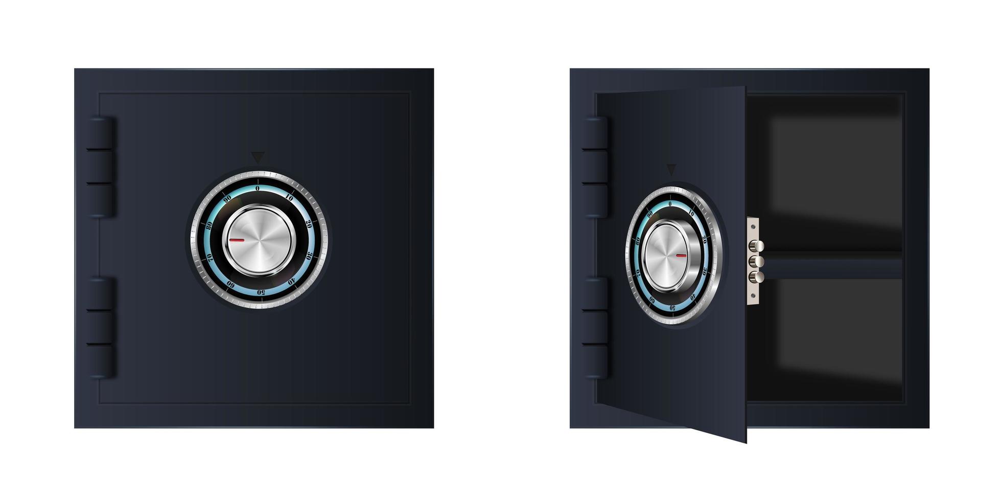 Set of open and closed black safe. Armored bank vault door with a combination lock. Reliable data protection. Long term storage. Safe icon. Protection of personal information vector