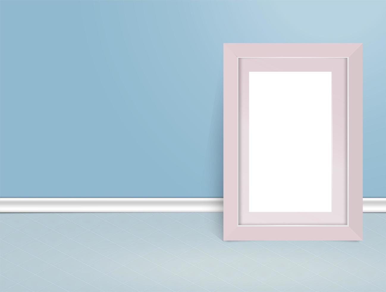 Minimalist layout template for photo presentation. The white picture frame is on the floor against the wall. Empty vector photo frame on the board