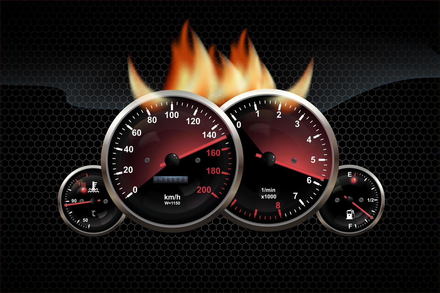 Car dashboard speedometer, tachometer, digital LED indicators for fuel and engine temperature. Vector realistic elements of car dashboard instrument panel in fire.