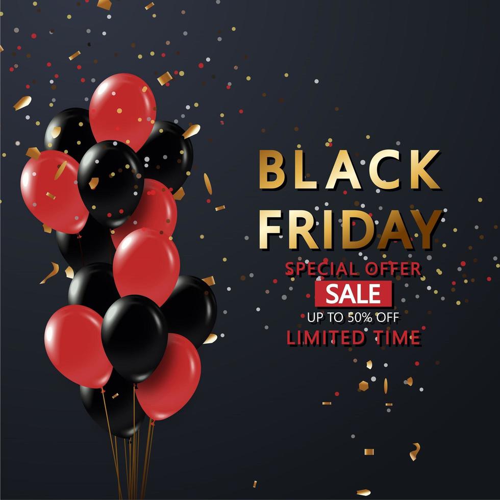 Black Friday sale poster with red and black balloons and confetti on a black background. Vector label of the Black Friday sale. Design element for banners, flyers, postcards