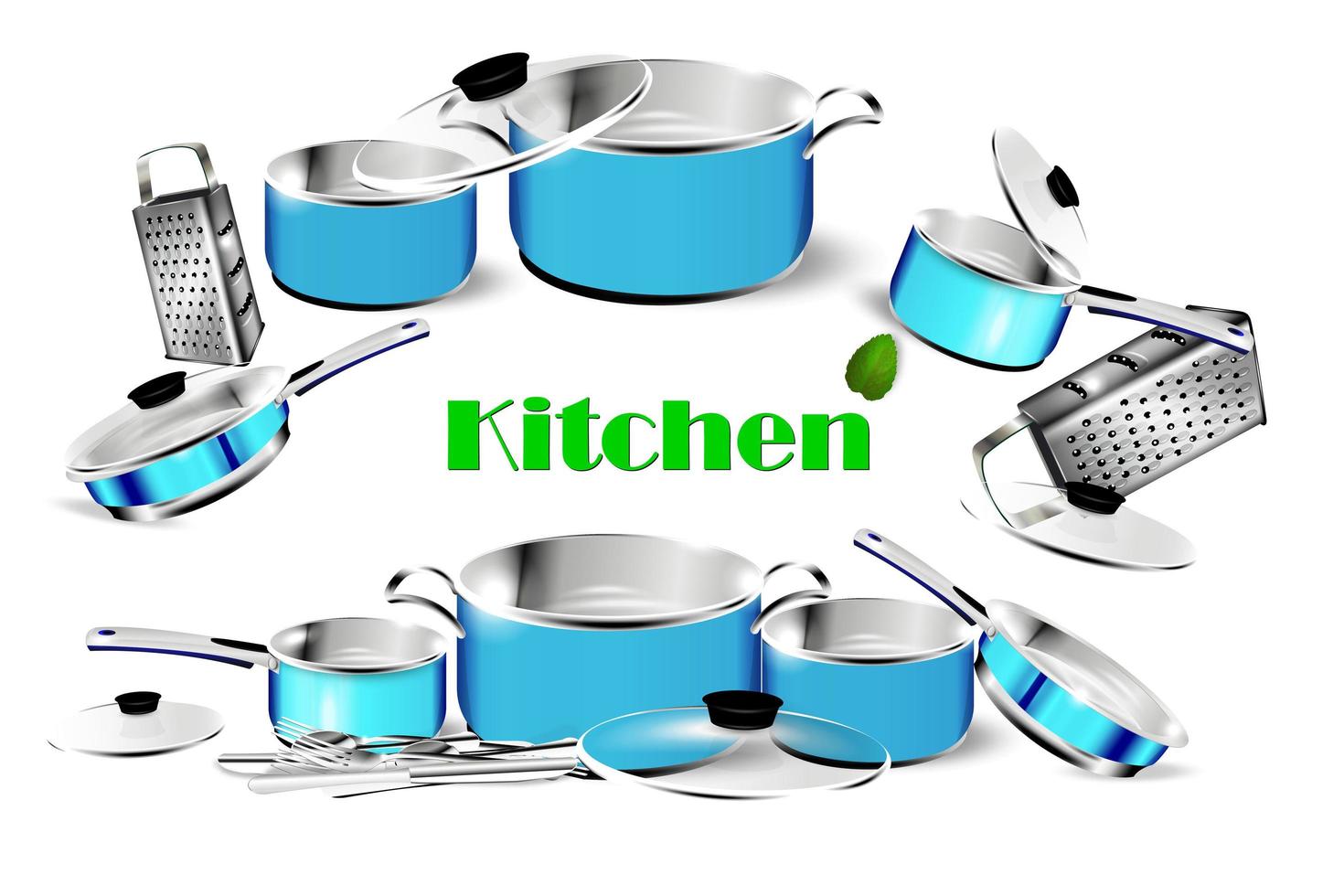 Realistic blue chrome dishes. Steel cooking pots with cape, metal saucepan and skillet, isolated cookware. Vector image 3D chrome frying pan and kitchen utensil