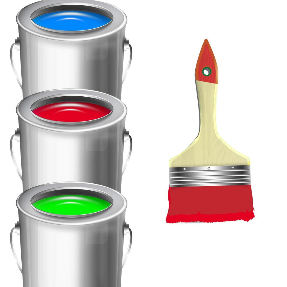 buckets with paint and a brush. 3D Vector illustration