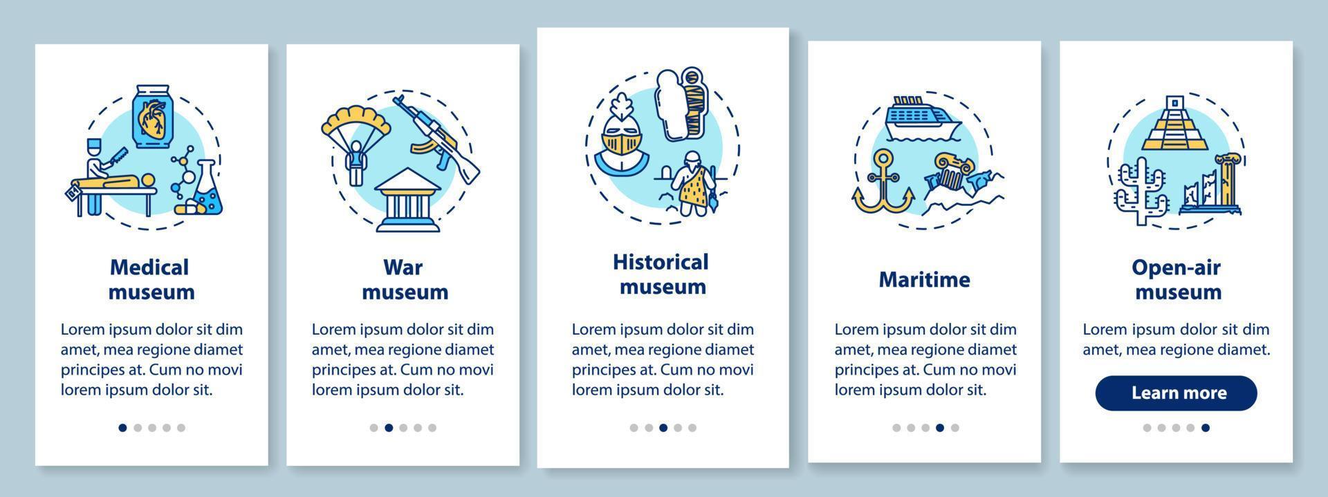 Pantalla de la página de la aplicación móvil de incorporación de exposiciones y museos con conceptos lineales. exposición al aire libre. instrucciones gráficas de cinco pasos de tutorial. ux, ui, plantilla de vector de interfaz gráfica de usuario con ilustraciones