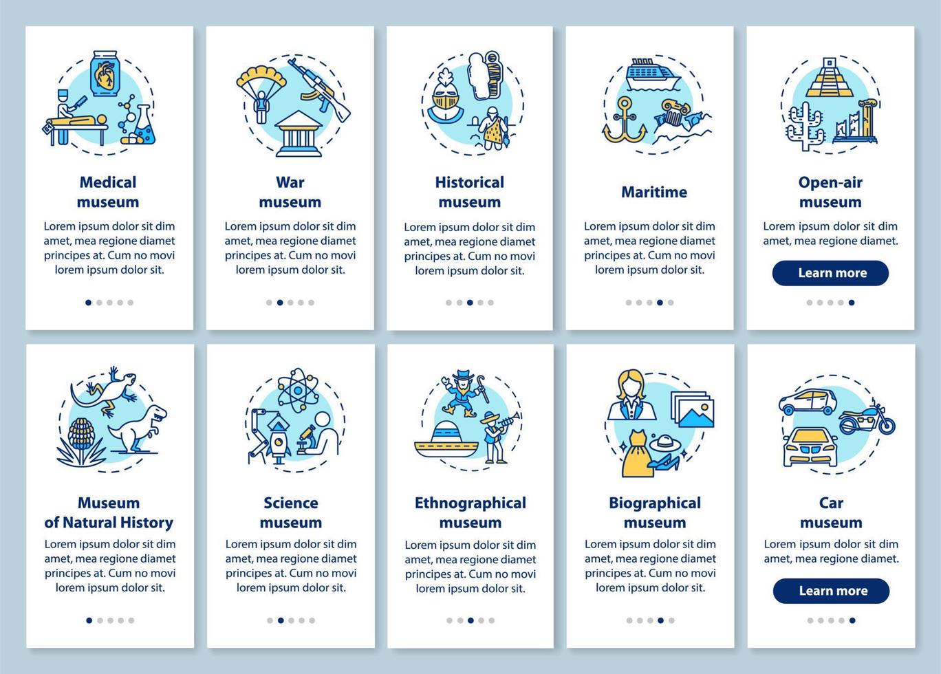 Exhibition and museum onboarding mobile app page screen with linear concepts. Ethnography, biography. Five walkthrough steps graphic instructions. UX, UI, GUI vector template with illustrations