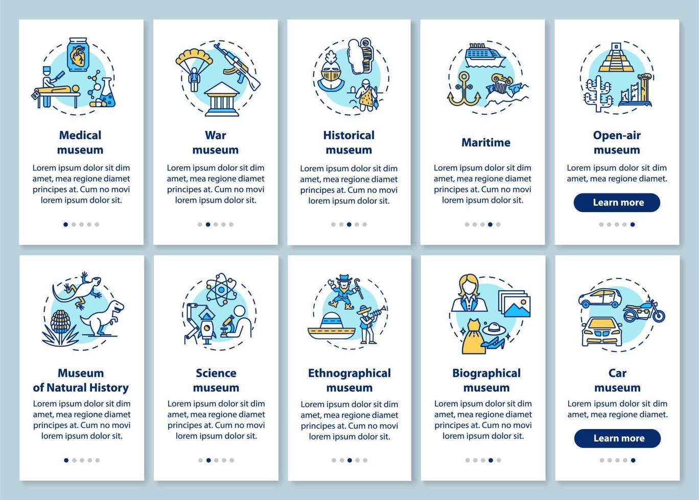 Pantalla de la página de la aplicación móvil de incorporación de exposiciones y museos con conceptos lineales. etnografía, biografía. instrucciones gráficas de cinco pasos de tutorial. ux, ui, plantilla de vector de interfaz gráfica de usuario con ilustraciones