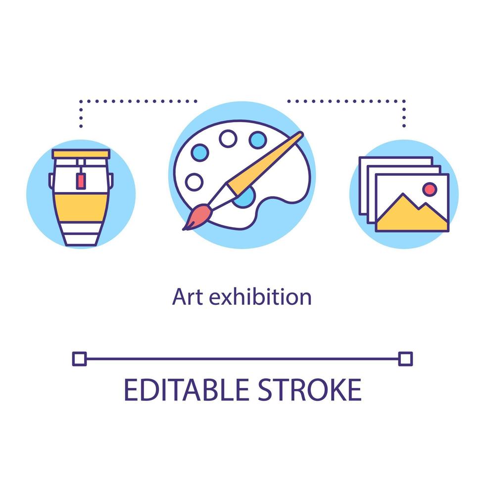 Art exhibition concept icon. Drawing and painting display event. Cultural museum. Artwork showcase. Gallery exposition idea thin line illustration. Vector isolated outline drawing. Editable stroke