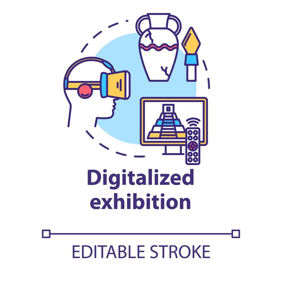 Digitalized exhibition concept icon. Interactive fair venue in cyberspace. Video museum tour. Virtual reality exposition idea thin line illustration. Vector isolated outline drawing. Editable stroke