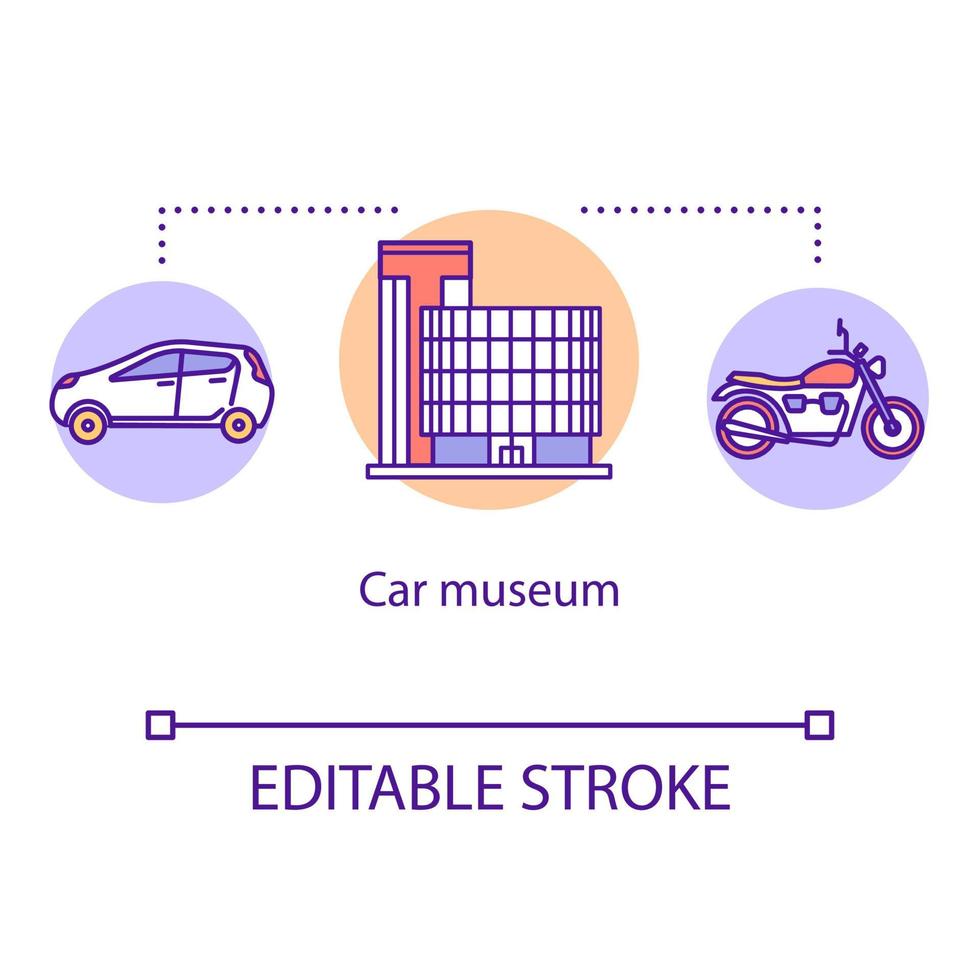 Car museum concept icon. Retro motorbike display. Technological history exposition. Automobile exhibition idea thin line illustration. Vector isolated outline drawing. Editable stroke