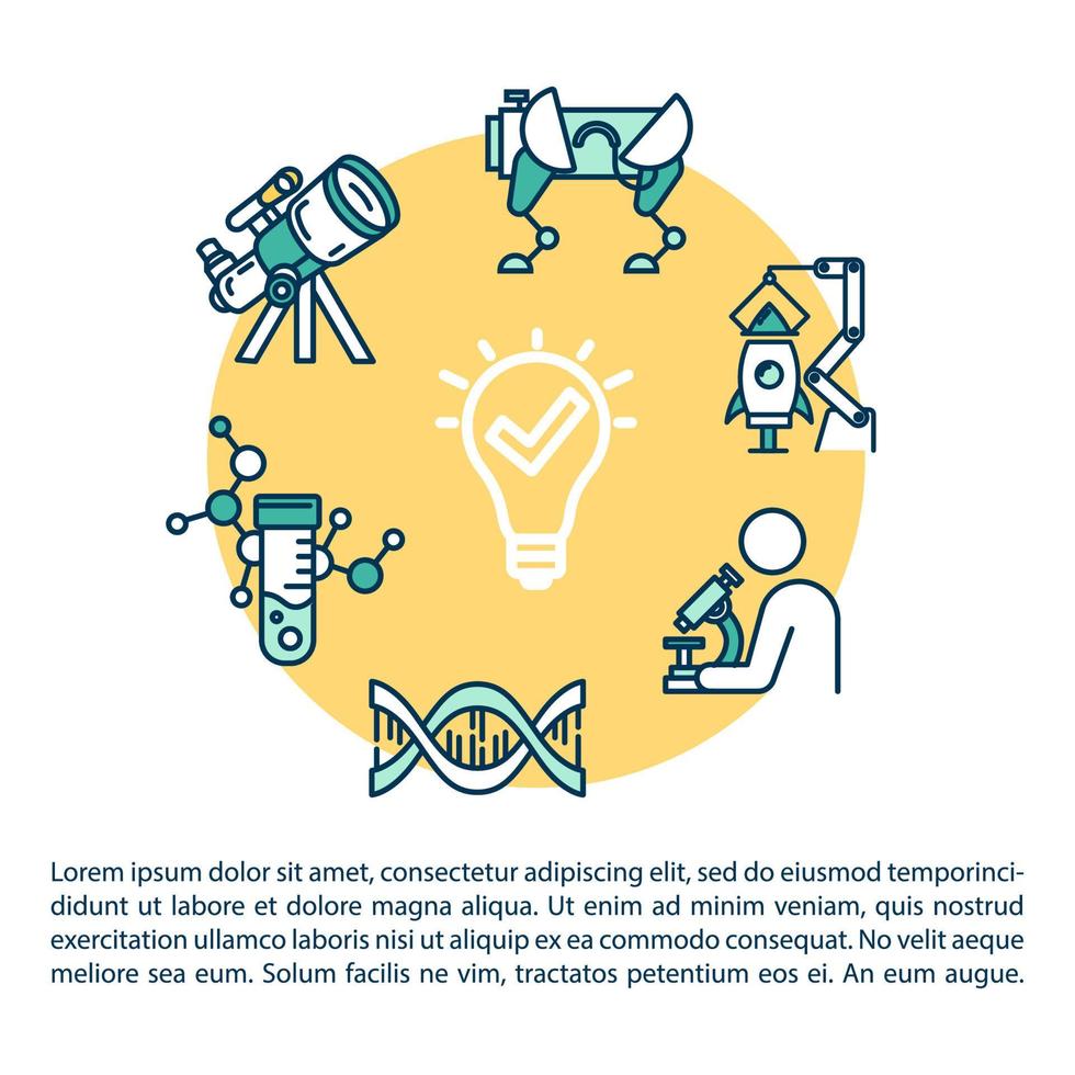 icono de concepto de feria de ciencias con texto. investigación en biología. desarrollo tecnológico. Museo de Ciencia. plantilla de vector de página de artículo. folleto, revista, elemento de diseño de folleto con ilustraciones lineales