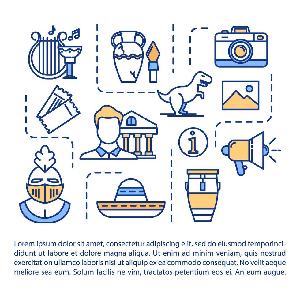 icono del concepto de exposición del museo con texto. guía de la galería de arte. infodesk exposición antropológica. plantilla de vector de página de artículo. folleto, revista, elemento de diseño de folleto con ilustraciones lineales