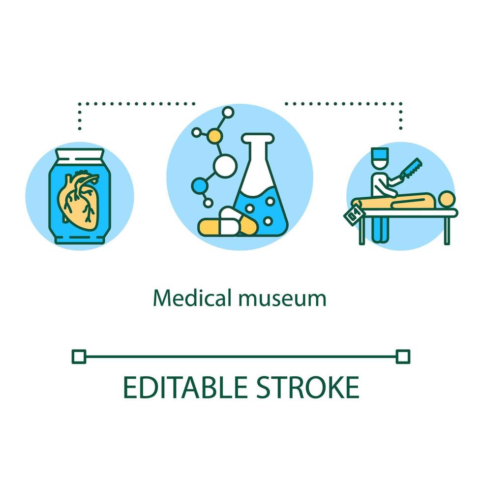 icono del concepto de museo médico. exposición científica. disección corporal y examen de órganos. Ilustración de línea fina de idea de exposición de química. dibujo de contorno aislado vectorial. trazo editable vector