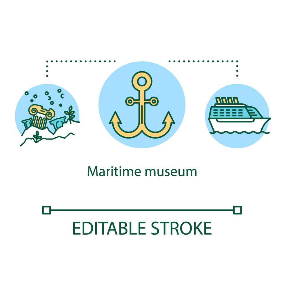 Maritime museum concept icon. Water transport exhibition. Lost cities ruins. Nautical open-air exposition idea thin line illustration. Vector isolated outline drawing. Editable stroke