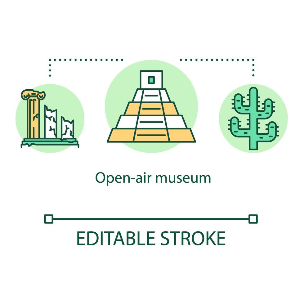 Open-air museum concept icon. Cultural heritage exposition. Architecture exhibition. Temple ruins display idea thin line illustration. Vector isolated outline drawing. Editable stroke