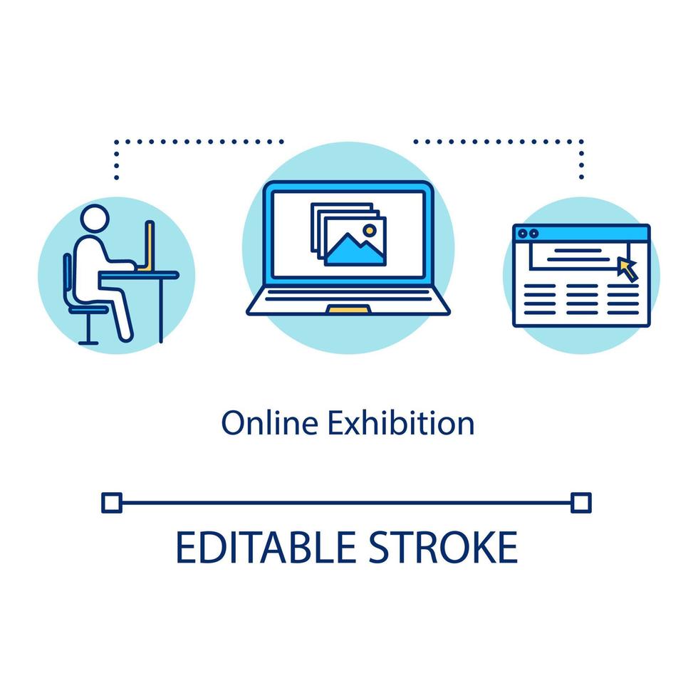 Online exhibition concept icon. Educational website. Virtual reality venue. Online gallery show. Digital exposition idea thin line illustration. Vector isolated outline drawing. Editable stroke
