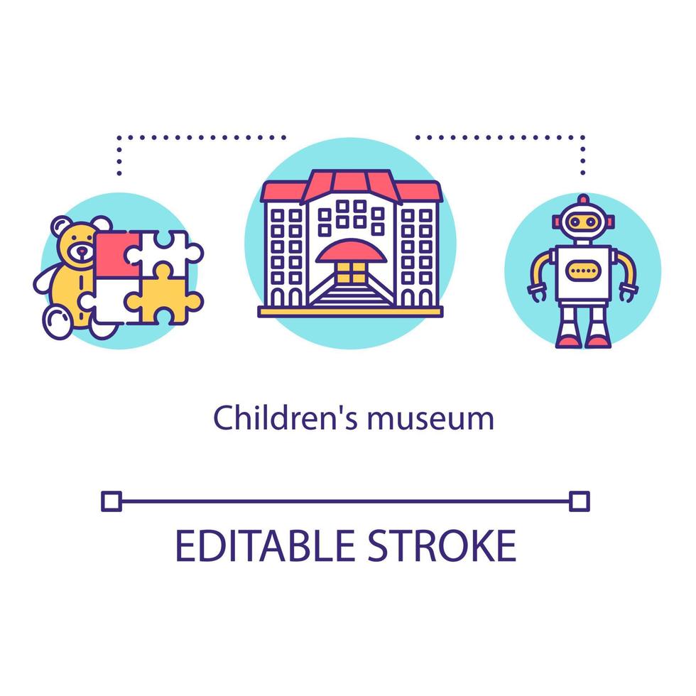 Children's museum concept icon. Educational exhibition visit. Excursion to cultural exposition. School field trip idea thin line illustration. Vector isolated outline drawing. Editable stroke