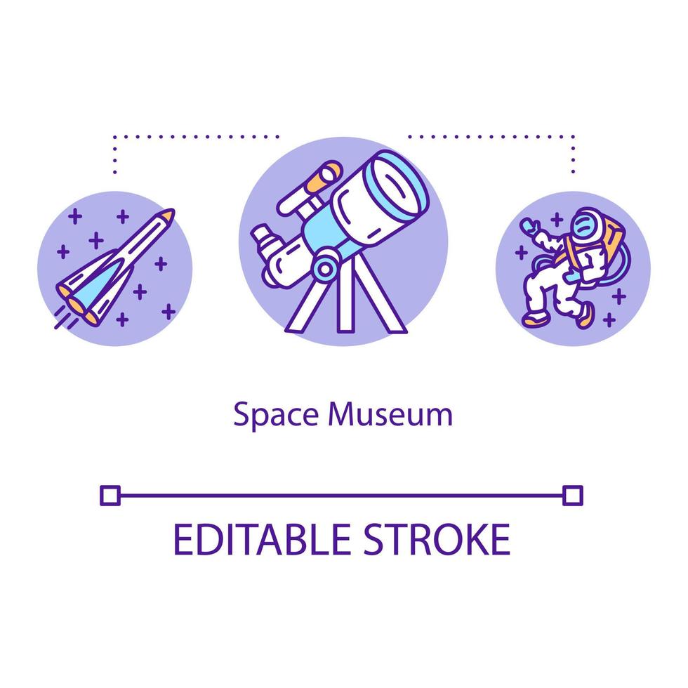 Space museum concept icon. Exploring universe. Spaceship, spacecraft. Cosmic technology. Astronomical exhibition idea thin line illustration. Vector isolated outline drawing. Editable stroke