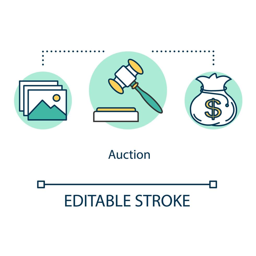 Auction concept icon. Bargaining for artwork. Commercial deal for cultural items. Bidding gavel. Trading offer idea thin line illustration. Vector isolated outline drawing. Editable stroke