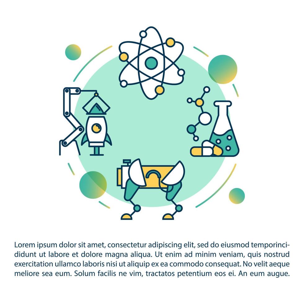 icono de concepto de feria de ciencias con texto. biotecnología y química. robótica, construcción de cohetes. plantilla de vector de página de artículo. folleto, revista, elemento de diseño de folleto con ilustraciones lineales