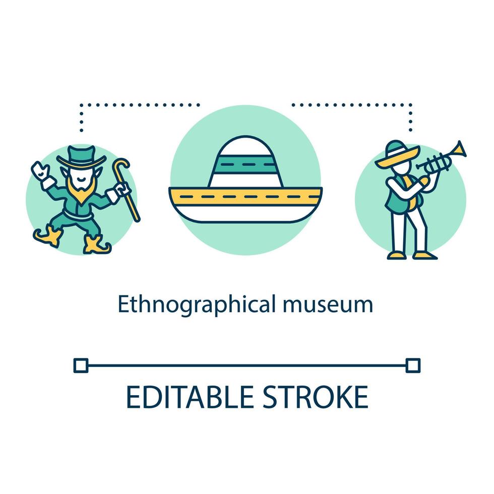 Ethnographical museum concept icon. People heritage exposition. Anthropology. Global history. Traditional festival idea thin line illustration. Vector isolated outline drawing. Editable stroke