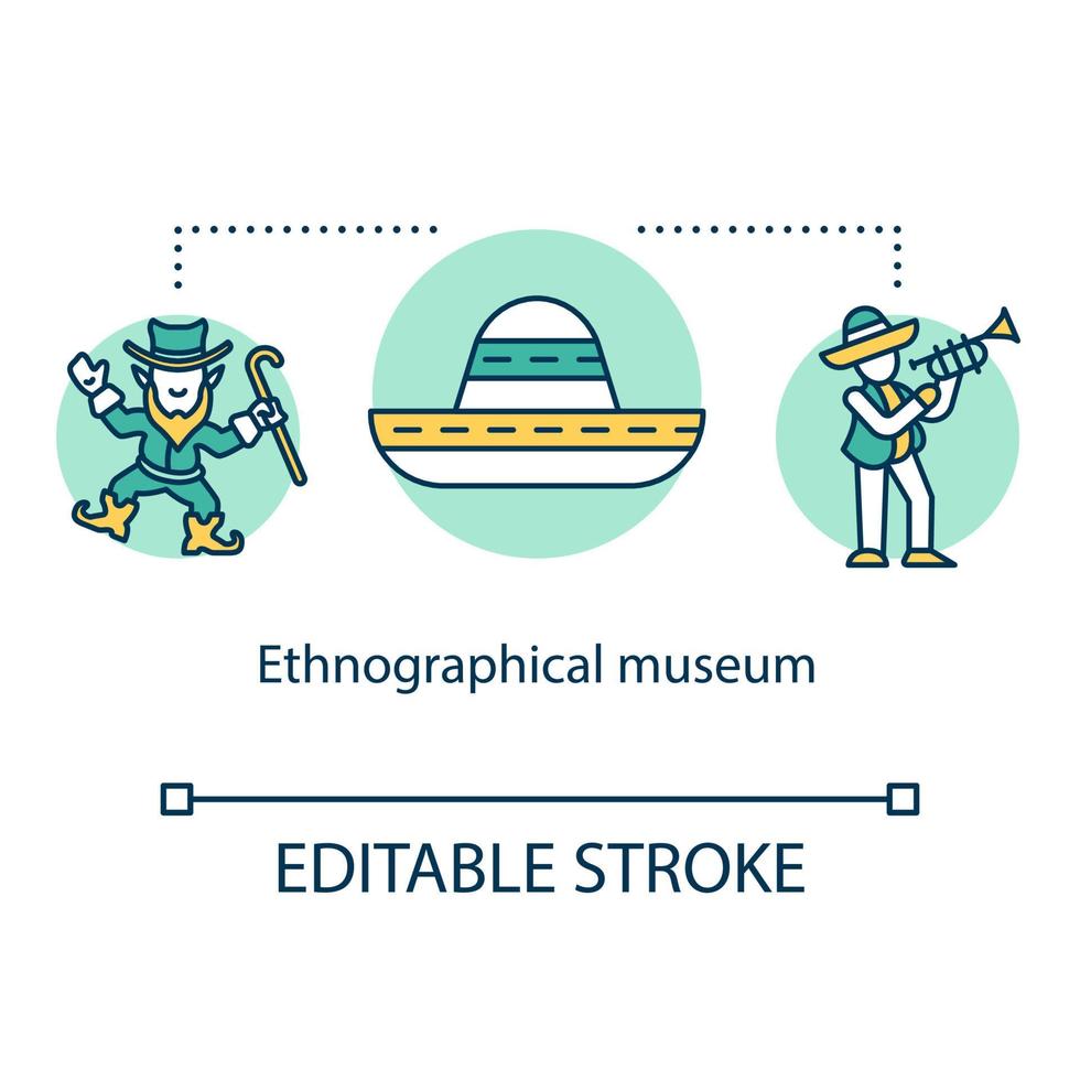 Ethnographical museum concept icon. People heritage exposition. Anthropology. Global history. Traditional festival idea thin line illustration. Vector isolated outline drawing. Editable stroke