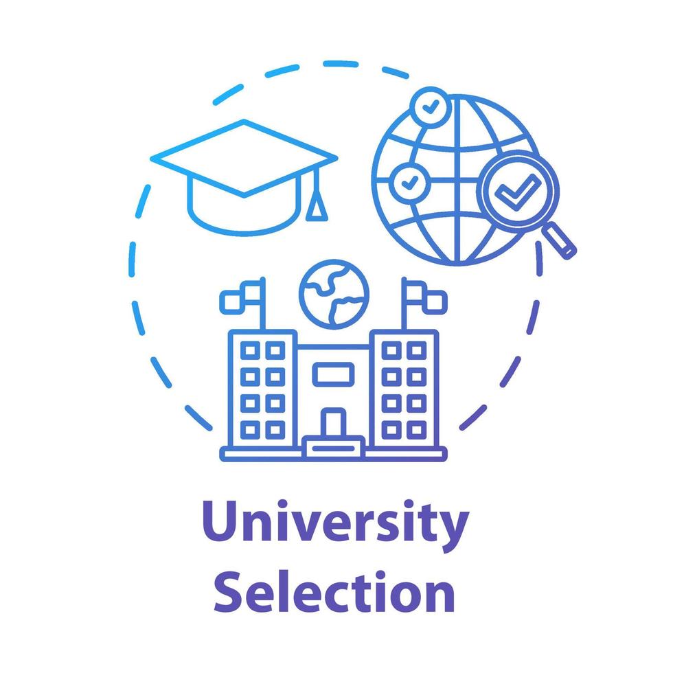 University selection concept icon. Choose college. Higher education abroad. International distance learning idea thin line illustration. Vector isolated outline drawing