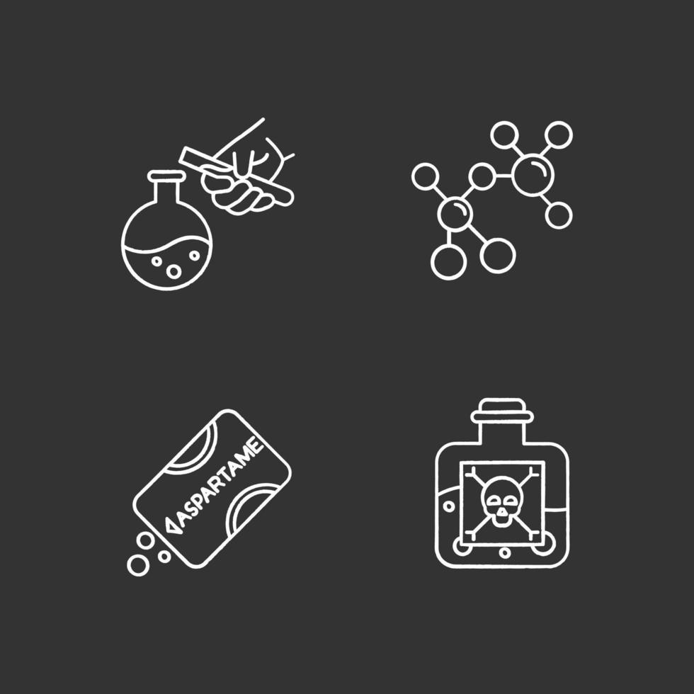 Conjunto de iconos de tiza de desarrollo científico. productos biotecnológicos. endulzante artificial. trabajando en laboratorio. produciendo productos químicos. investigación en química orgánica. ilustraciones de pizarra vector aislado