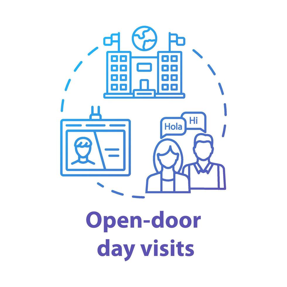 Open door day visits concept icon. Presentation of international university. Study invitation. University entrance idea thin line illustration. Vector isolated outline drawing