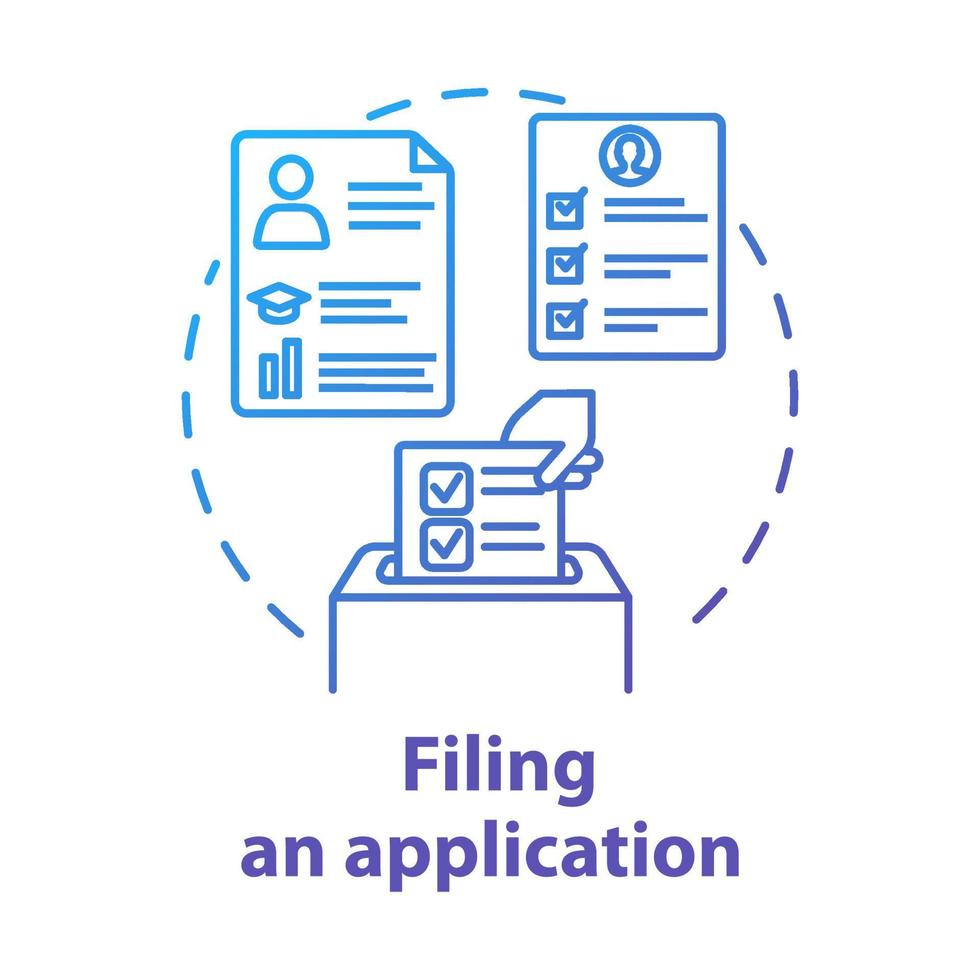 Filling an application concept icon. Submission of documents. Recruitment service. Candidate for vacant position idea thin line illustration. Vector isolated outline drawing