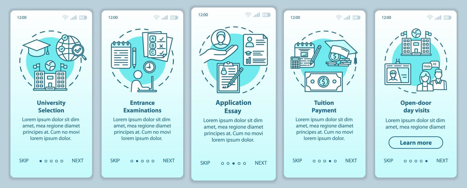 University entrance onboarding mobile app page screen vector template. Tuition payment. Essay, exam. Walkthrough website steps with linear illustrations. UX, UI, GUI smartphone interface concept