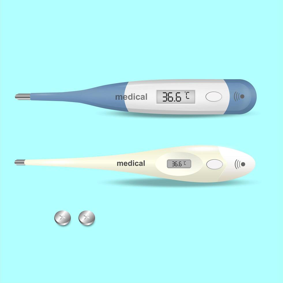 Medical digital thermometer in various shapes showing normal temperature. Medicine and healthcare. Examination, diagnosis and choice of treatment strategy. Vector object isolated background.