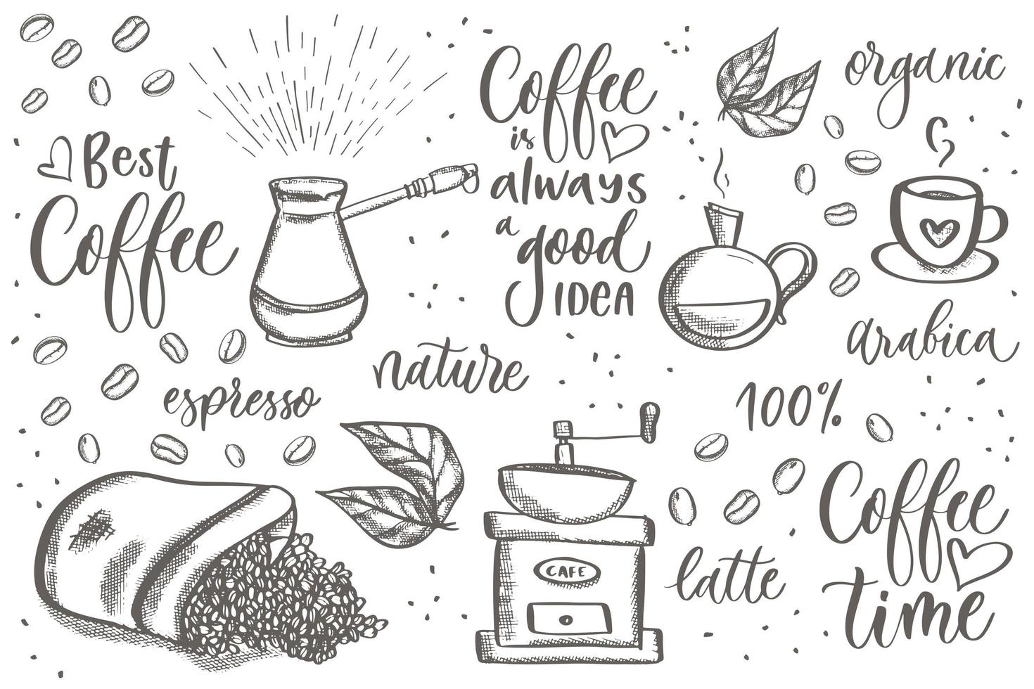 Hand drawn coffee set with lettering inscriptions. vector