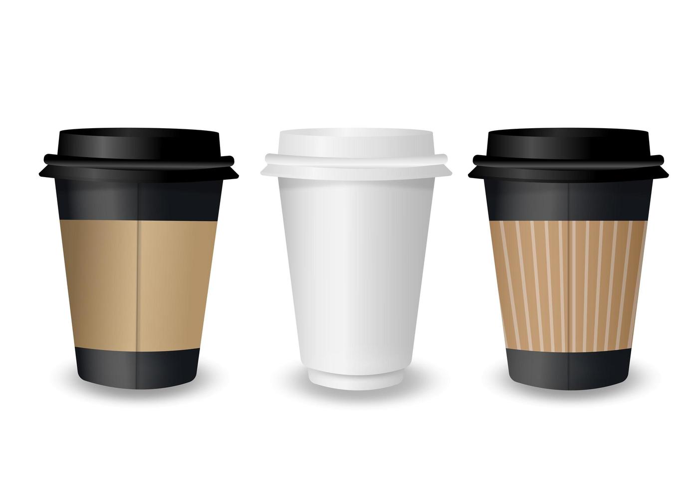 Vector 3d realistic paper cups black and white with lid isolated on white background. Coffee, Soda, Tea, Cocktail, Milkshake. Packaging design template for mockup. Foreground